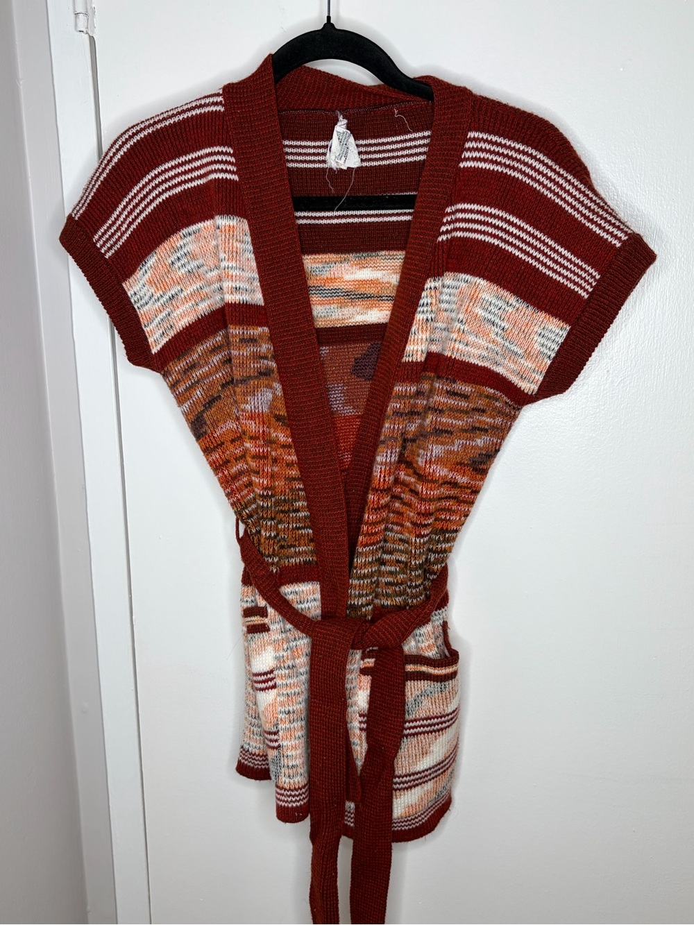 Rust Multicolor Short-Sleeve Belted Cardigan - Unbranded